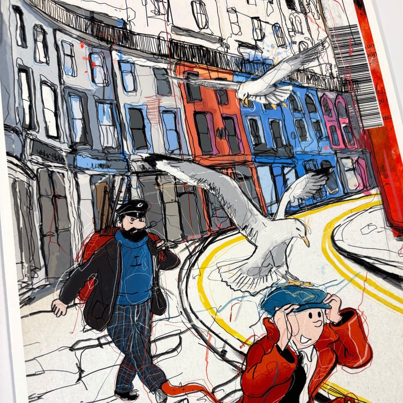 May include: A colorful illustration of a city street scene with two people wearing blue and red hats. The people are walking on a cobblestone street with yellow lines. There are seagulls flying in the sky above the street.