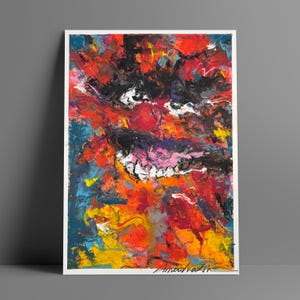 May include: Abstract painting with a white border, showcasing dynamic brushstrokes. The artwork uses a palette of red, orange, yellow, blue, and black. A signature is present in the bottom right corner. The painting's style suggests energy and emotion.