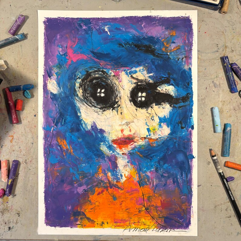 May include: Abstract portrait painting with a textured, expressive style. The artwork features a face with button eyes, blue hair, and a vibrant color palette including purple, orange, and white. Signed "Amoa Lazir" in the bottom right corner.