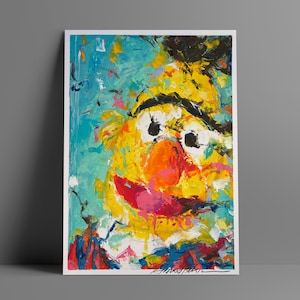 May include: An abstract painting of a yellow character with an orange nose, black eyebrows, and a red mouth. The artwork features a vibrant mix of colors, including blue, yellow, and pink, with visible brushstrokes. The painting is on a white canvas.