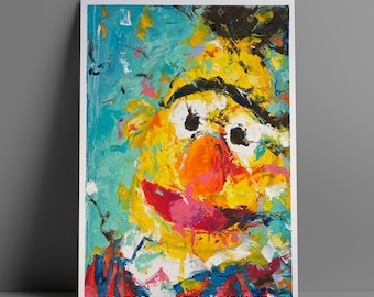 Bert Sesame Street Print, Muppets Wall Art, Jim Henson Poster, Hand-painted Oil Pastels, Funny Room Decor, A4, A3, A3+, A2