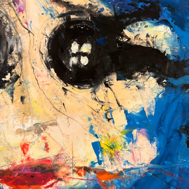 May include: Abstract expressionist painting with bold brushstrokes. The artwork features a central black shape with white highlights, resembling an eye. Surrounding areas include shades of blue, yellow, and red, creating a dynamic and textured composition.