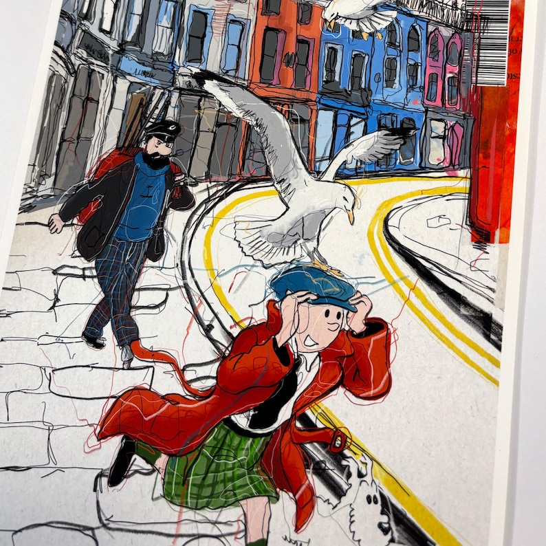 May include: A colorful illustration of a man in a red coat and a kilt running down a street with a white dog. A man in a blue coat and a sailor hat walks in the opposite direction. There are seagulls flying overhead and colorful buildings in the background.