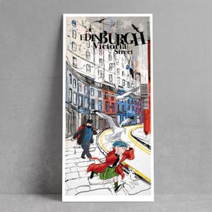May include: A colorful illustration of a street scene in Edinburgh, Scotland. The street is lined with colorful buildings and there are two people walking down the street. One person is wearing a red jacket and the other is wearing a blue jacket. There are also seagulls flying in the air. The text "EDINBURGH Victoria Street" is visible in the image.