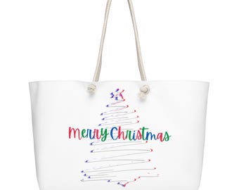 Merry Christmas Weekender Bag - Modern Holiday Travel Tote, Festive Tree Overnight Carryall Polyester Cotton