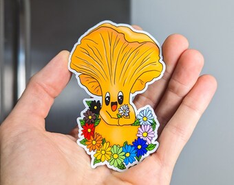 Chanterelle Mushroom Magnet w/ Pride Rainbow Flowers | Adorable Mushroom Magnet | LGBTQ+ | Original Mushroom Artwork