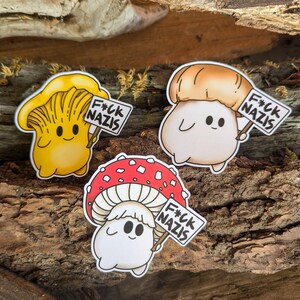 F*ck Nazis (Censored) Picketing Mushroom Sticker Trio | Amanita, Chanterelle and Porcini Mushrooms