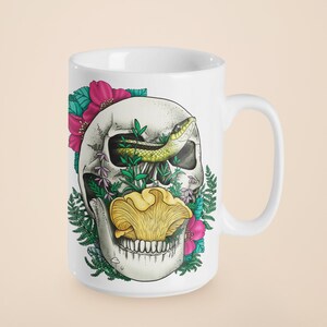 Skull, Snake and Chanterelle Mushroom |  Morbid Artwork on Ceramic Cup | Original Nature Artwork | Mushroom Mug | 11oz/15oz