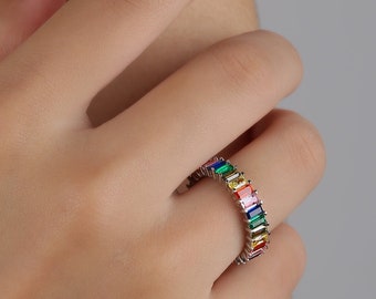 18K Rainbow Baguette Ring made of 925 Sterling Silver with Colorful Rainbow Stones - Ladies Rings Eternity Jewelry in Jeweler Quality