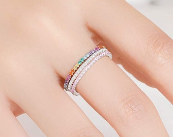 Eternity Ring 925 Silber mit Bunte Zirkonia Steine | Lisandra Scott | Ringe Nickelfrei & Anlaufgeschützt | Regenbogen Stein Bunt Schmal