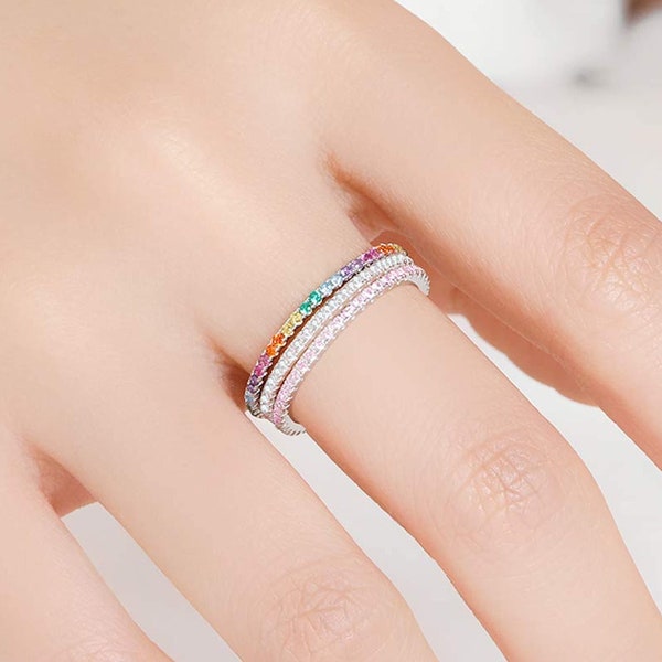 Eternity Ring 925 Silver with Colorful Cubic Zirconia Stones | Lisandra Scott | Rings nickel-free & tarnish-resistant | Rainbow Stone Colorful Narrow