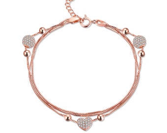925 Sterling Silber Damenarmband Funkelnden Herz-Perlen Anhänger I Mehrreihig Damen Armkette mit Steinchen Echtsilber Frauen Armband Strass