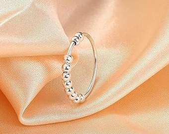 925 Sterling Silber Angst Spinning Ring mit Perlen I Anti-Stress Dekompression Angstring zum Drehen Stressabbau Damen, Frauen und Mädchen