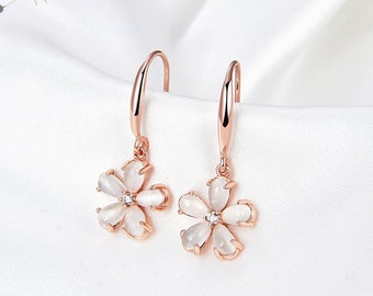 925 Silber Ohrringe mit Funkelndem Edelstein-Katzenauge Hängend, Blumen Ohrhänger für Damen, Frauen, Mädchen Sterling Silber Blüten