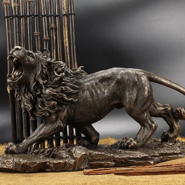 Große Brüllende Löwen Skulptur Handgefertigt in Bronze-Optik Lebensgroß | Echter Löwe Figur als Motivation für Unternehmer | Deko Statue