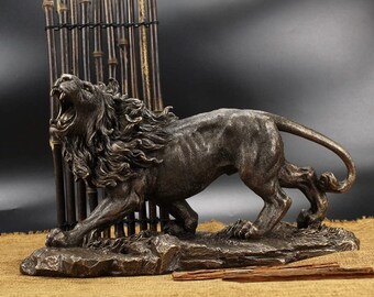 Grande sculpture de lion rugissant faite à la main en bronze Look grandeur nature | Une vraie figure de lion comme motivation pour les entrepreneurs | Décoration Statue