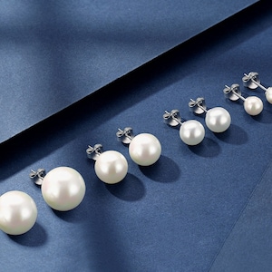 Ear studs with white freshwater cultured pearls 925 silver Earrings with studs for women, women in gold, rose gold with pearls in small & large image 1