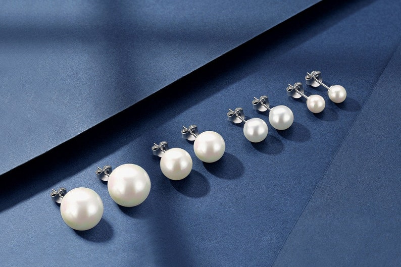 Pendientes de botón con perlas cultivadas de agua dulce blancas de plata 925 Pendientes con tachuelas para mujer, mujer en oro, oro rosa con perlas en pequeño y grande imagen 1
