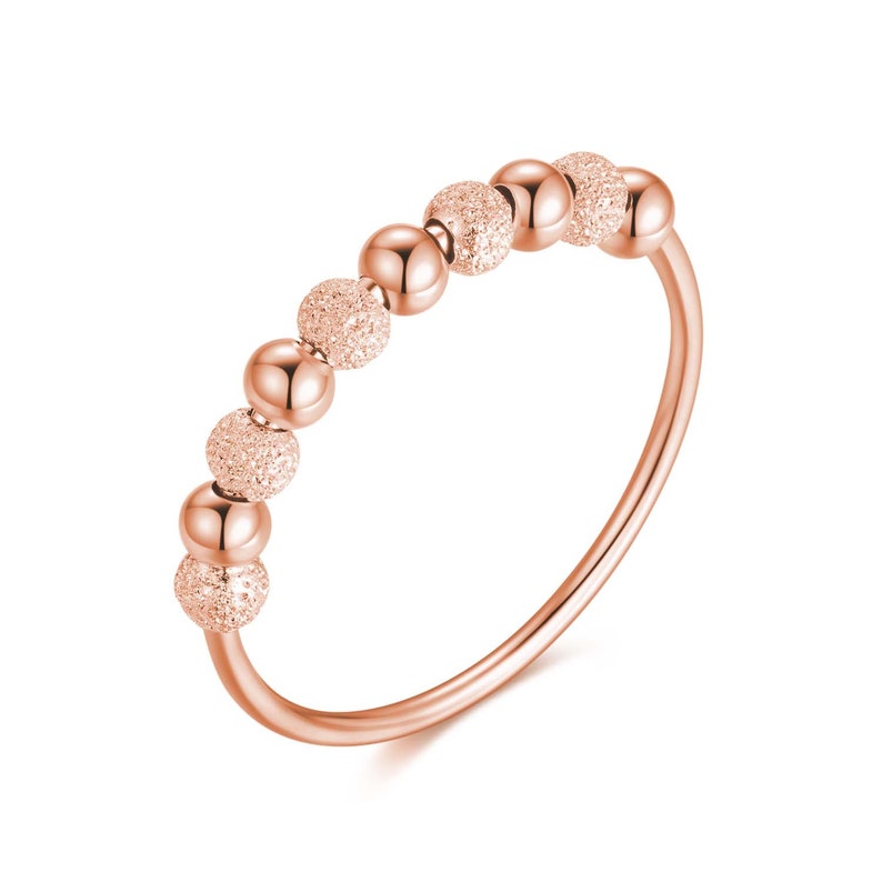 Anti-Stress Ring 925 Sterlingsilber mit drehbaren Glitzer-Kugeln, Entspannungs-Angstring mit Perlen und Steinen Beruhigend & Therapeutisch Roségold