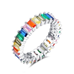 18K Rainbow Baguette Ring aus 925 Sterling Silber mit Bunten Regenbogen Steinen Damen Ringe Eternity Ewigkeit Schmuck in Juwelierqualität Bild 3