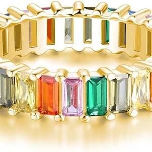 18K Rainbow Baguette Ring aus 925 Sterling Silber mit Bunten Regenbogen Steinen Damen Ringe Eternity Ewigkeit Schmuck in Juwelierqualität Gold