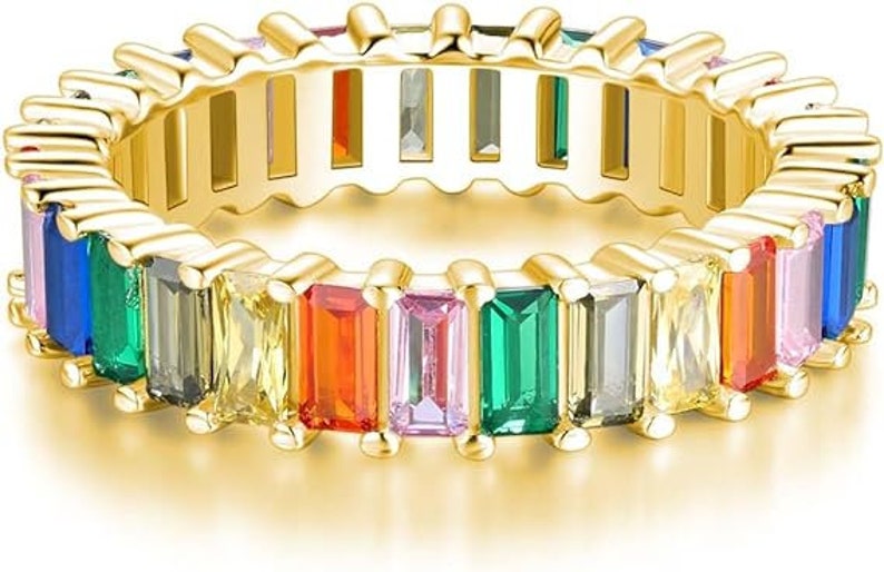 18K Rainbow Baguette Ring aus 925 Sterling Silber mit Bunten Regenbogen Steinen Damen Ringe Eternity Ewigkeit Schmuck in Juwelierqualität Gold