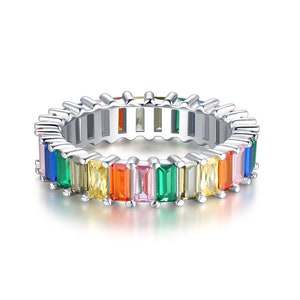 18K Rainbow Baguette Ring aus 925 Sterling Silber mit Bunten Regenbogen Steinen Damen Ringe Eternity Ewigkeit Schmuck in Juwelierqualität Silber