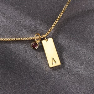 Initial and Birthstone Box Chain Necklace, Birthstone Initial Tag Necklace, Hanging Gemstone Letter Necklace, Personalized Birthday Gifts