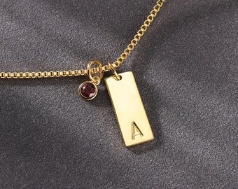 Initial and Birthstone Box Chain Necklace, Birthstone Initial Tag Necklace, Hanging Gemstone Letter Necklace, Personalized Birthday Gifts
