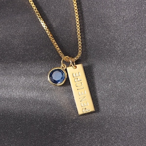 Collar de cadena de caja inicial y de piedra de nacimiento, collar de etiqueta inicial de piedra de nacimiento, collar de letras de piedras preciosas colgantes, regalos de cumpleaños personalizados