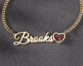 Collier prénom personnalisé avec pierre de naissance, collier prénom avec pierre de naissance avec chaîne gourmette, collier prénom personnalisé pour enfant, cadeau d'anniversaire pour maman