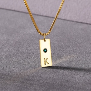 Initial and Birthstone Box Chain Necklace, Birthstone Initial Tag Necklace, Dainty Gemstone Letter Necklace, Personalized Birthday Gifts