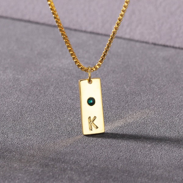 Initial and Birthstone Box Chain Necklace, Birthstone Initial Tag Necklace, Dainty Gemstone Letter Necklace, Personalized Birthday Gifts