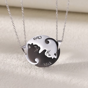 Custom Black and White Cat Necklace, Best Friends Necklace Set, Personalized Yin Yang Necklace for 2, Friendship Necklace, Sister Necklace
