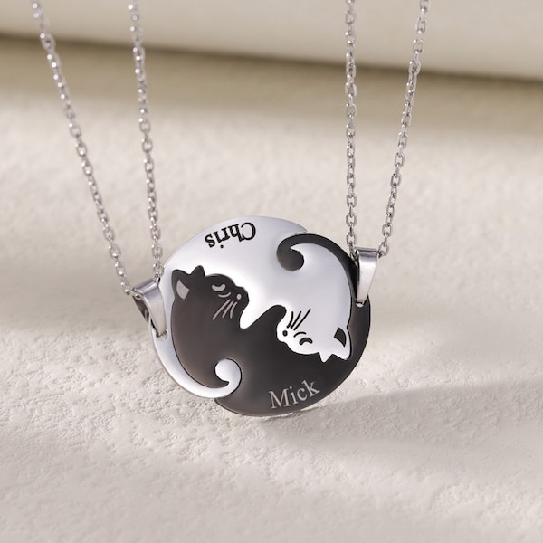 Collier personnalisé chat noir et blanc, ensemble de colliers meilleurs amis, collier Yin Yang personnalisé pour 2, collier d'amitié, collier soeur