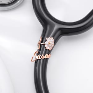 Personalized Stethoscope ID Tag with Colored Birthflower, Custom Stethoscope Name Ring, Stethoscope Charm for Doctor, Student Nurse RN Gift