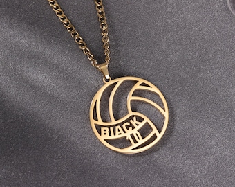 Volleyball Pendant Necklace with Custom Name and Number, Custom Lucky Ball Charm Gifts with Curb Chain, Volleyball Fan Gifts, Sport Jewelry
