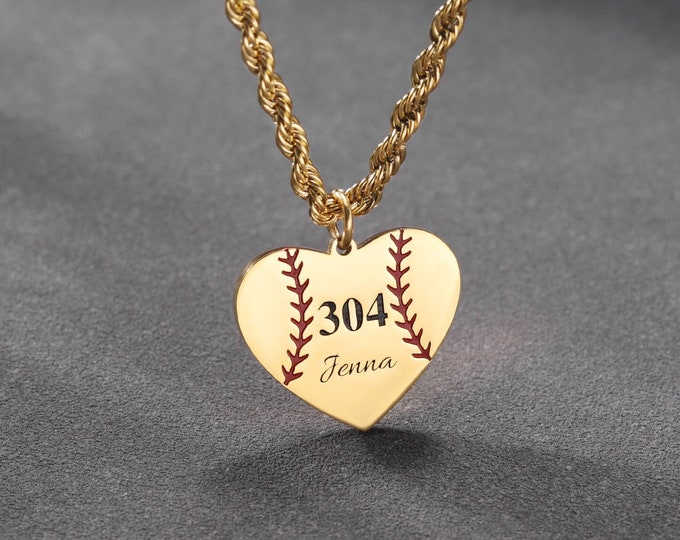 Collier de baseball numéro personnalisé, collier de softball numéro personnalisé, collier de cœur de baseball, bijoux de sport, cadeau de maman de baseball