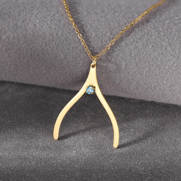 Collier minimaliste porte-bague en or Wishbone, gardien de bague de fiançailles en pierre de naissance, pendentif bonne chance, bijoux délicats, cadeau pour médecin infirmière