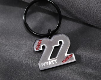 Personalized Engraved Number Keychain, Custom Sport Number Keyring with Name, Number Baseball Keychain for Him, Football Keychain for Kids