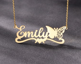 Collier papillon de mois de naissance avec nom personnalisé, collier de plaque signalétique rempli d'or, collier de coeur à ma femme, cadeau d'anniversaire pour petite amie