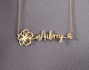 Collier prénom fleur de naissance, collier prénom en argent avec fleur de naissance, collier prénom floral, collier fleur de naissance combinée personnalisé
