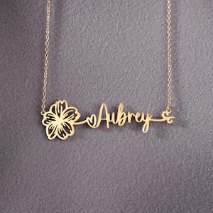Collar con nombre de flor de nacimiento, collar con nombre de plata con flor de nacimiento, collar con nombre floral, collar de flores de nacimiento combinado personalizado