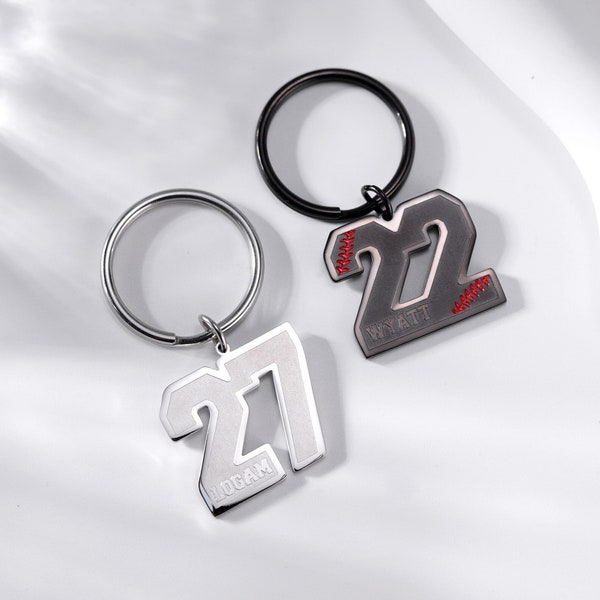 Personalized Engraved Number Keychain, Custom Sport Number Keyring with Name, Number Baseball Keychain for Him, Football Keychain for Kids