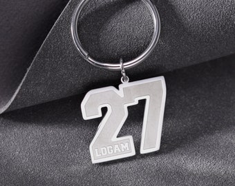 Personalized Engraved Number Keychain, Custom Sport Number Keyring with Name, Number Baseball Keychain for Him, Football Keychain for Kids