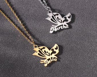 Set di collane personalizzate con due nomi di farfalle BFF, collana dell'amicizia con ali di farfalla, regalo personalizzato per migliore amica, collana per mamma e figlia