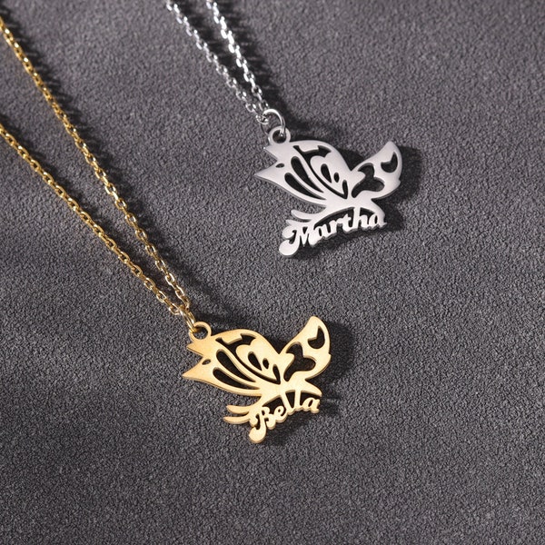 Personalized BFF Two Butterfly Name Necklace Set, Butterfly Wing Friendship Necklace, Custom Best Friend Gift, Necklace for Mom and Daughter