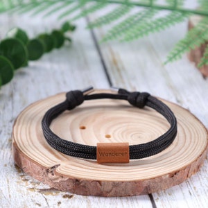Engraved Name Bracelet Personalized with Wood Bead, Waterproof Sailing Rope Bracelet for Men Women, Macrame Braided Paracord, Nature Hiking