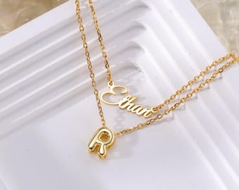 Layered Necklace with Name-Dainty Initial Necklace-Personalized Minimalist Name Necklace-Custom Tiny Statement Jewelry-Birthday Gift for Mom