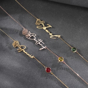 Collar con nombre personalizado de flor y piedra de nacimiento, collar con colgante floral personalizado, regalo de cumpleaños para mamá con niños mes de nacimiento